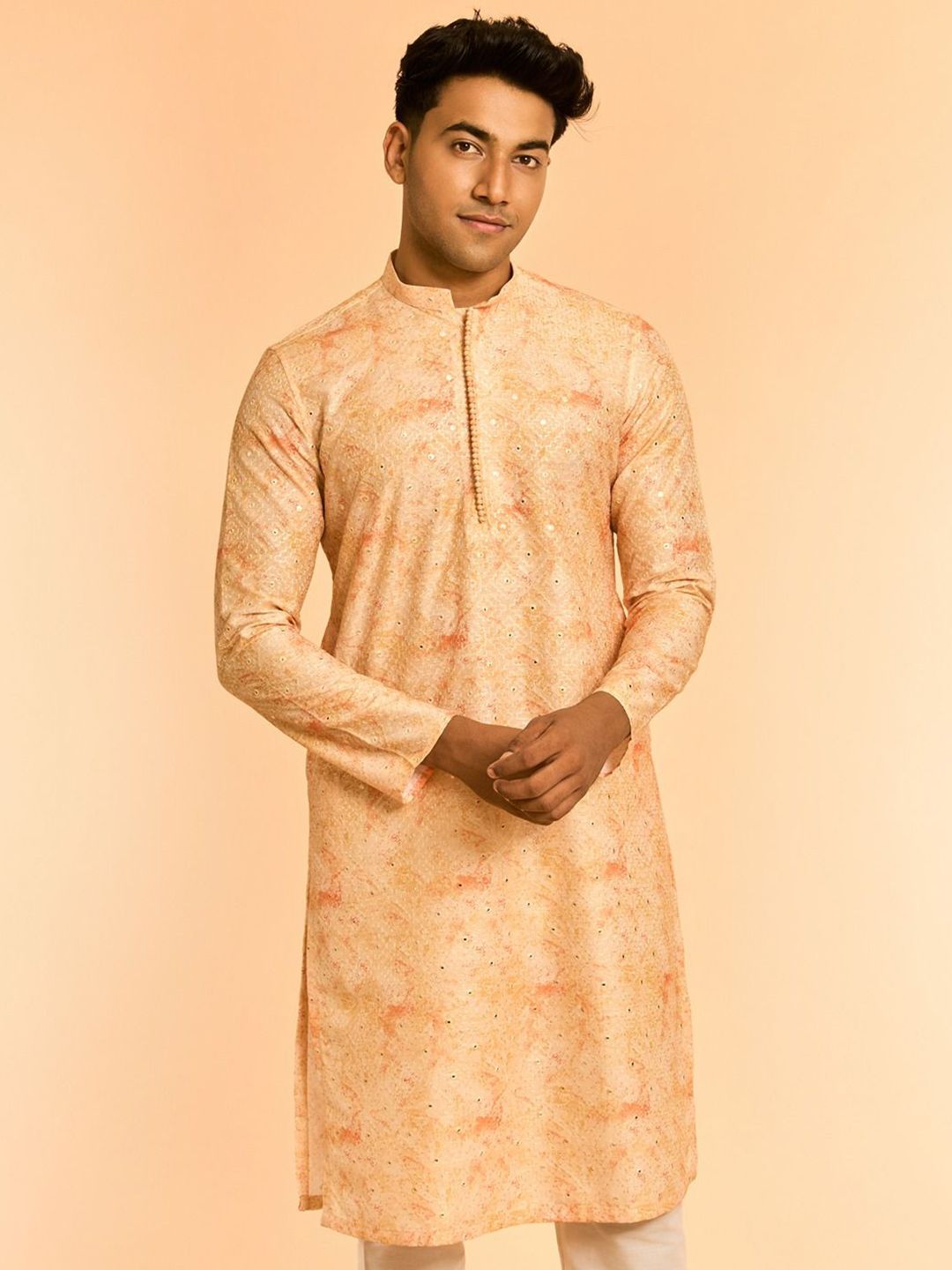 Diwas by Manyavar Geometric Embroidered Sequinned Mandarin Collar Art Silk Kurta-picture-12