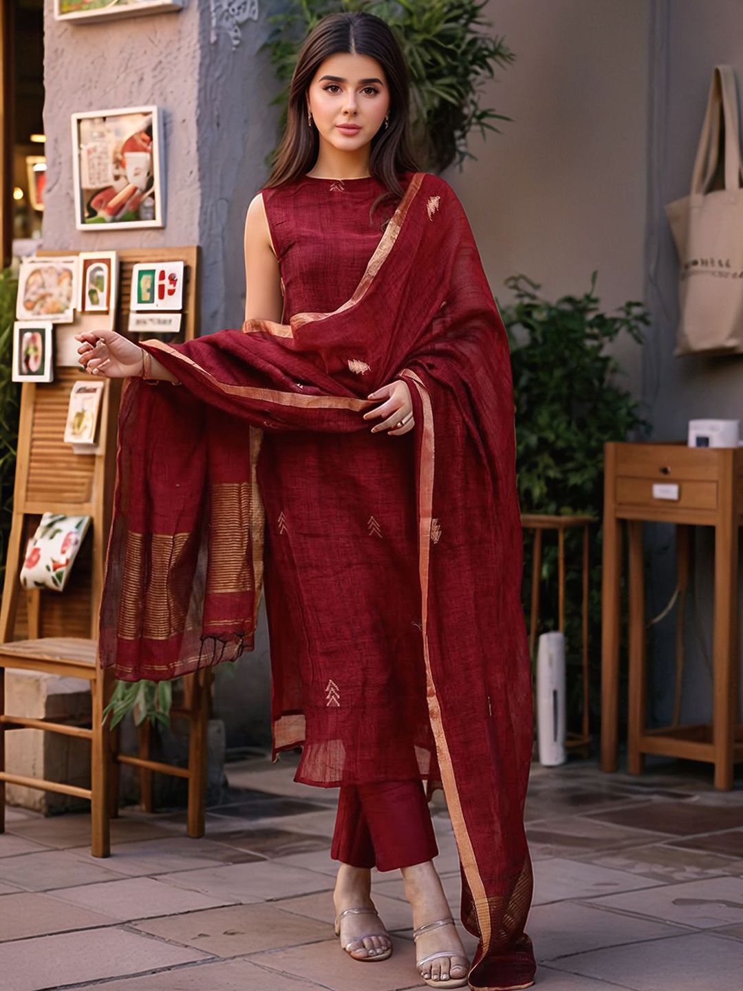 Aaghnya Women Woven Design Woven Design Kurta with Trousers & Dupatta