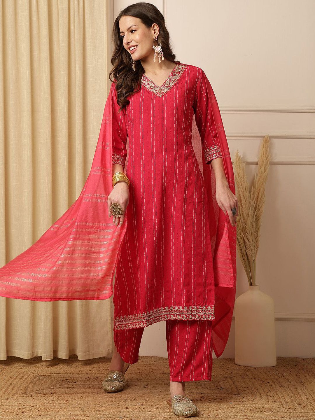 Anouk Floral Printed V-Neck Sequinned Straight Kurta With Trousers & Dupatta