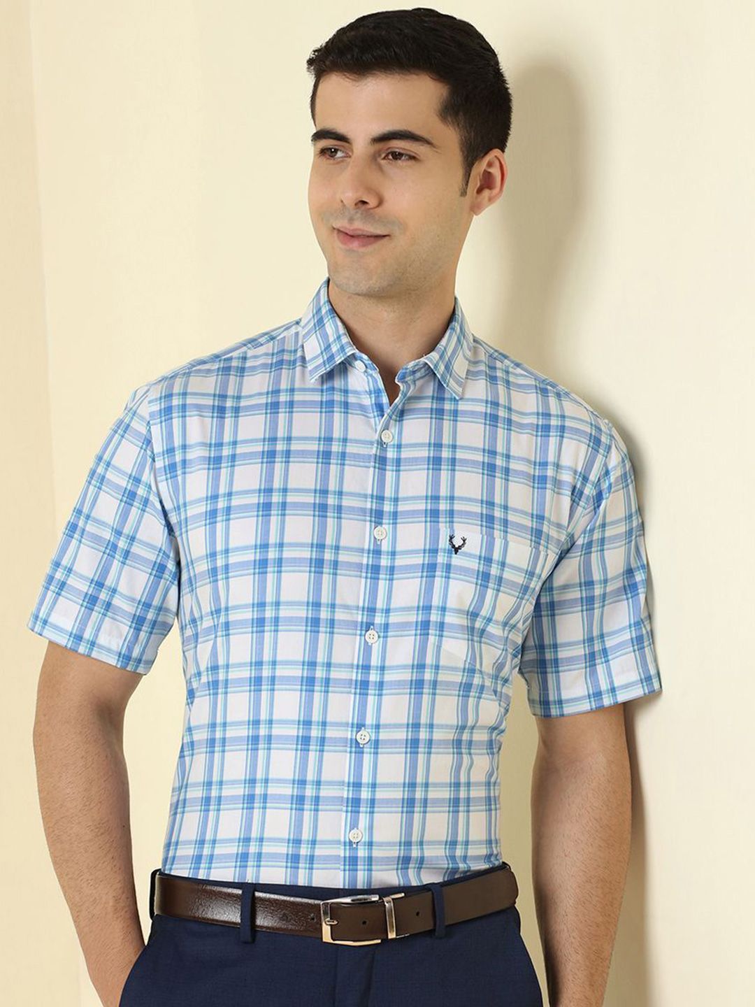 Allen Solly Checked Short Sleeves Spread Collar Cotton Opaque Slim Fit Formal Shirt-picture-25