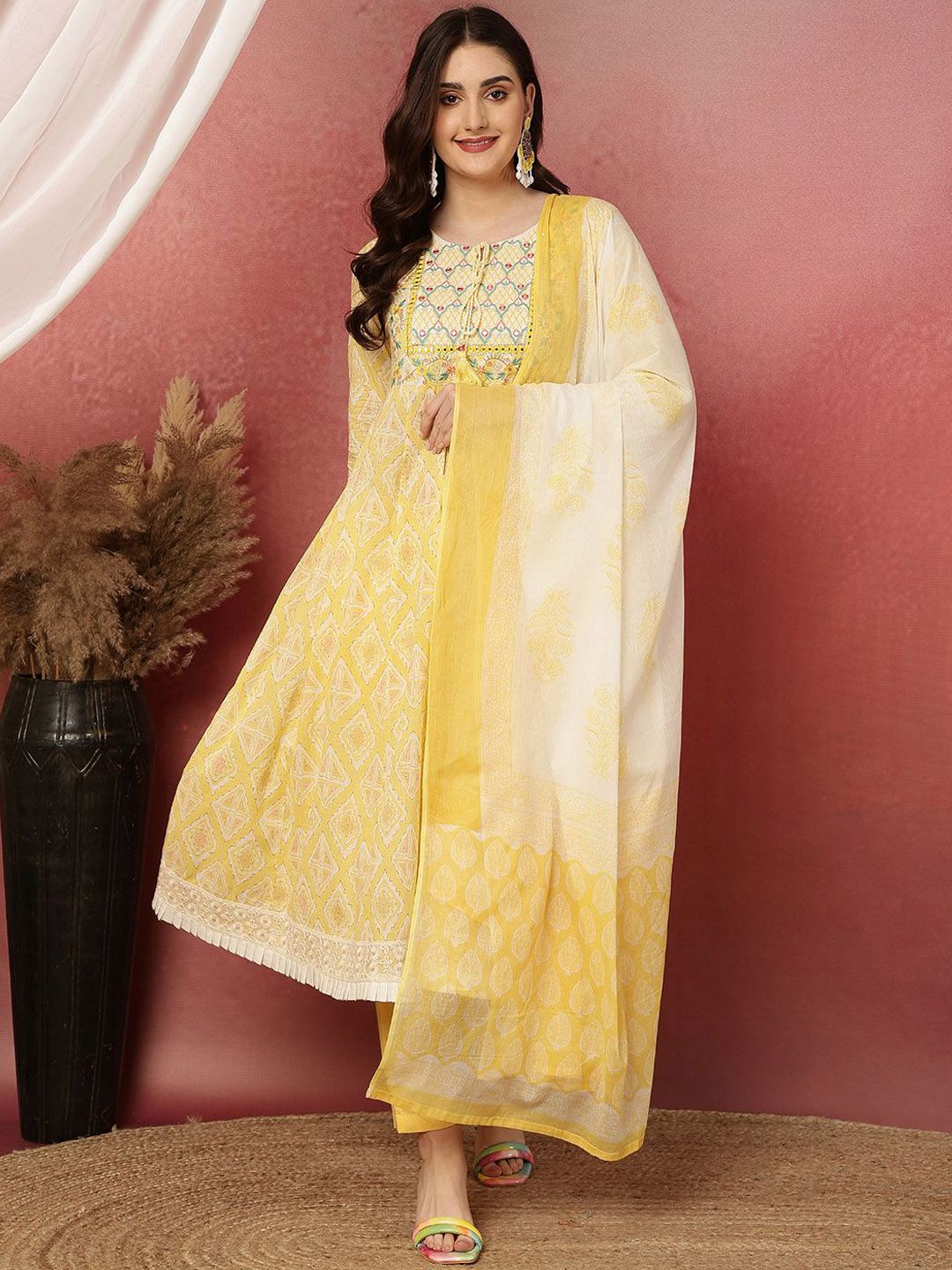 Anouk Women Floral Embroidered Regular Pure Cotton Kurta with Trousers  With Dupatta