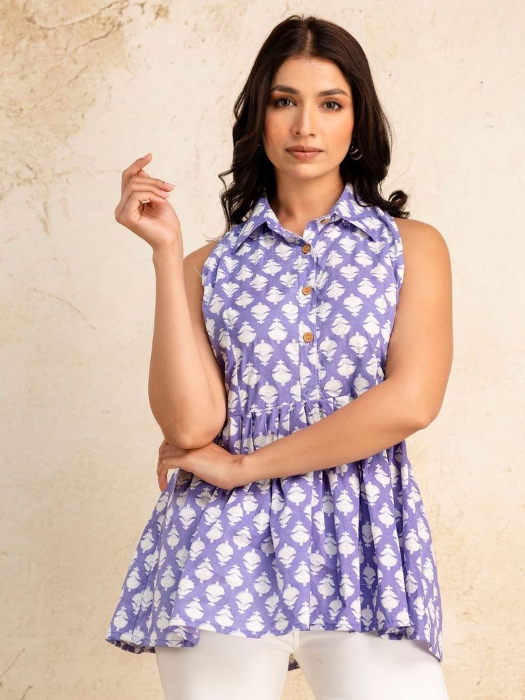 Moda Rapido Women Floral Print Mandarin Collar Cotton Top-picture-30