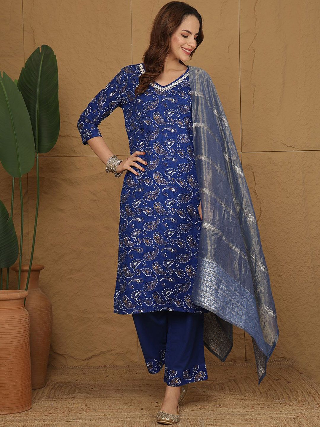 Anouk Paisley Printed Pure Cotton Straight Kurta With Trousers & Dupatta