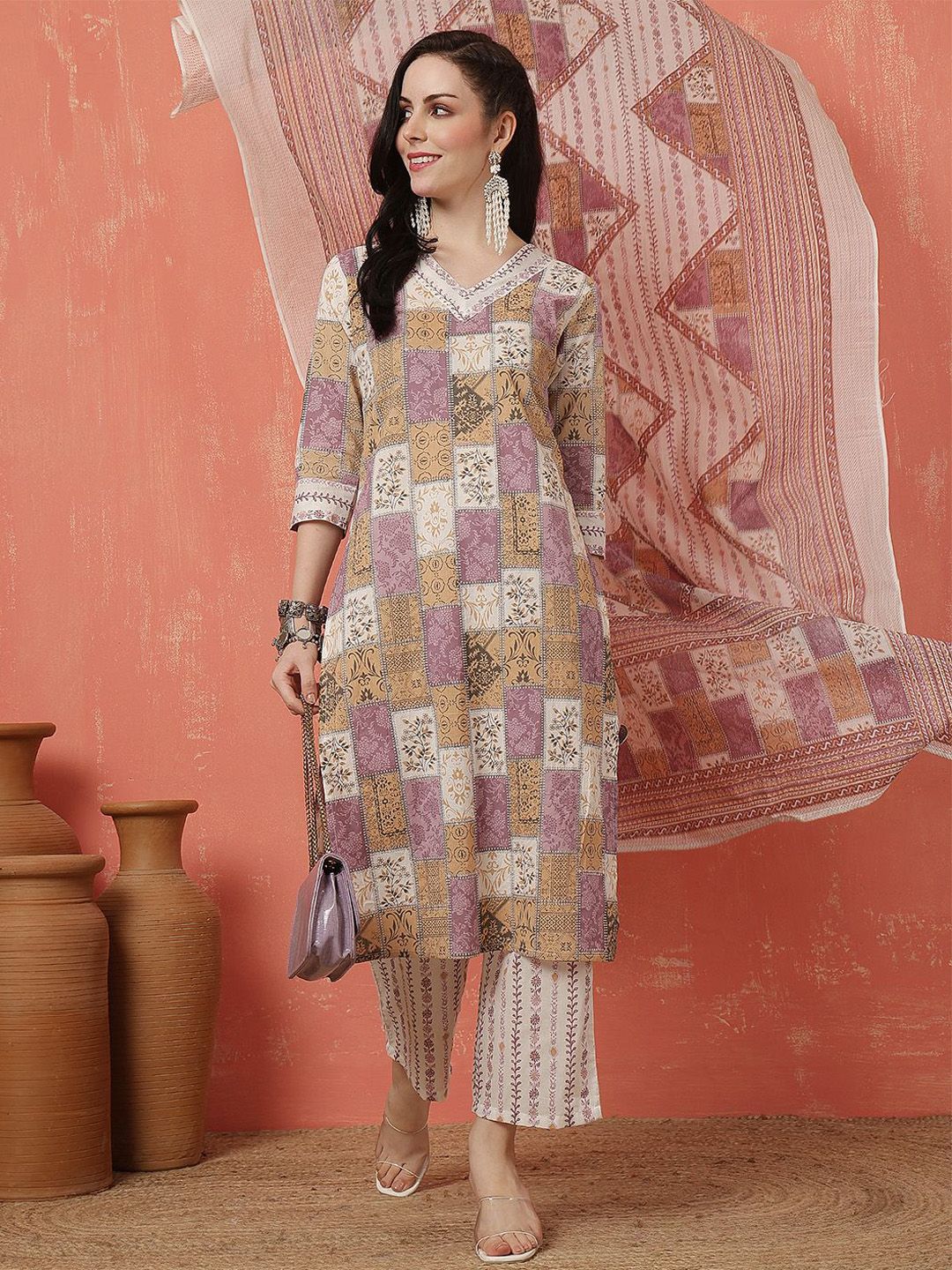 Anouk Ethnic Motifs Printed Pure Cotton Straight Kurta With Trousers & Dupatta