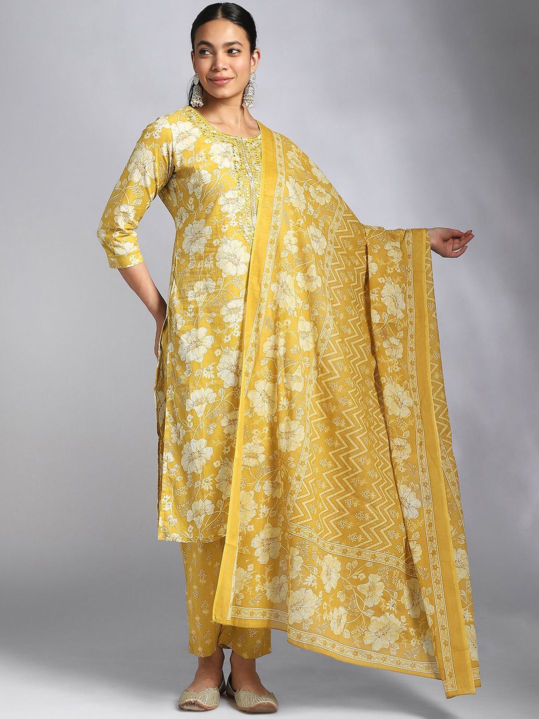 Moda Rapido Women Floral Printed Cotton Kurta with Trousers & Dupatta