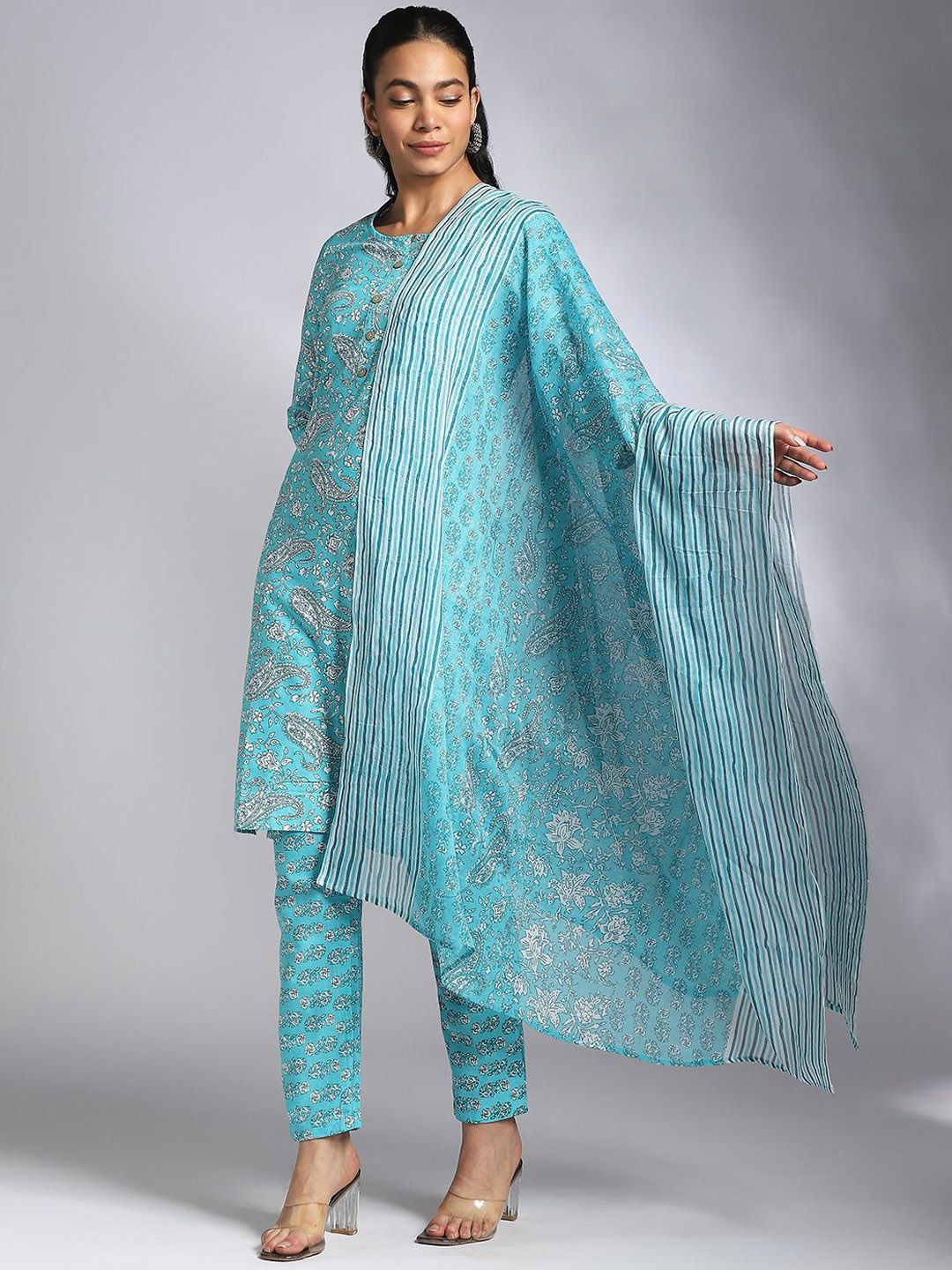 Moda Rapido Women Floral Printed Cotton Kurta with Trousers & Dupatta