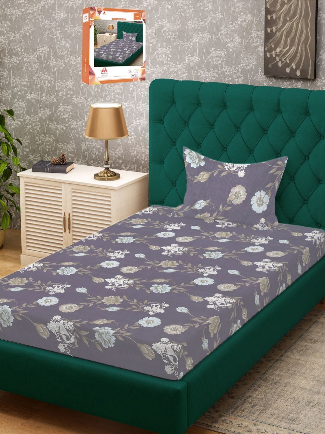 Myntra Elegant Homes Grey & White Floral Printed 300 TC Single Bedsheet & 1 Pillow Cover-picture-34