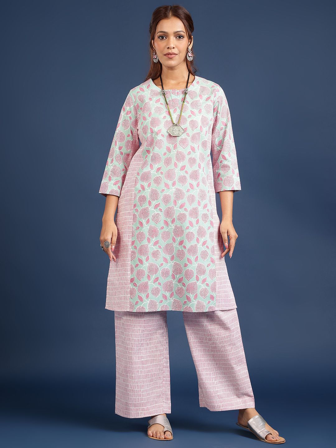 Taavi Women Floral Hand Block Print Cotton Kurta with Trousers