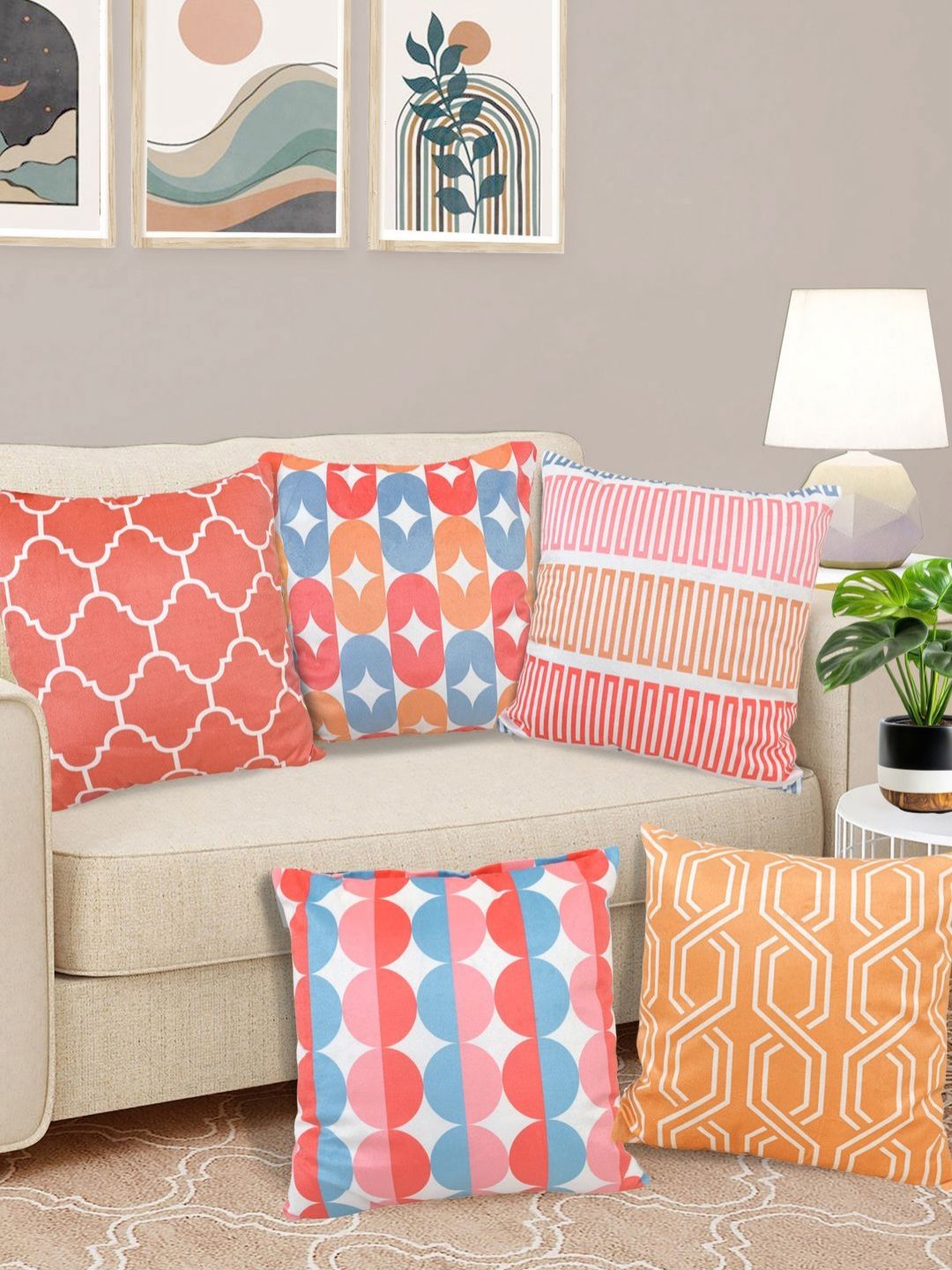 Myntra Elegant Homes Blue & Orange Set of 5 Geometric Velvet Square Cushion Covers-picture-25