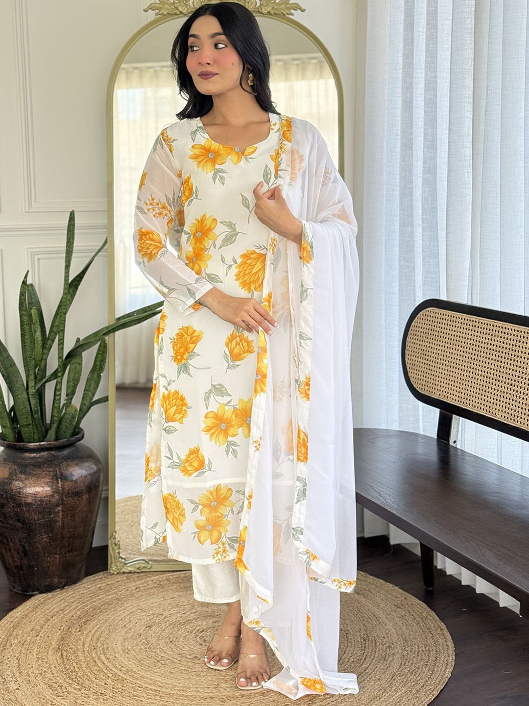 TWINS LADY Floral Printed Georgette Notch Neck Straight Kurta With Trousers & Dupatta