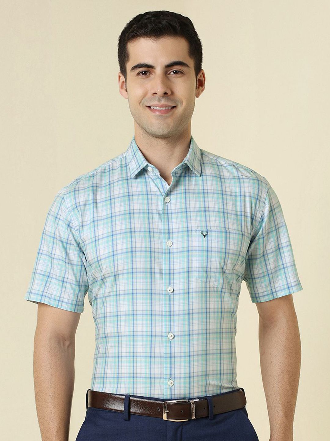 Allen Solly Checked Spread Collar Short Sleeves Slim Fit Formal Cotton Shirt-picture-19