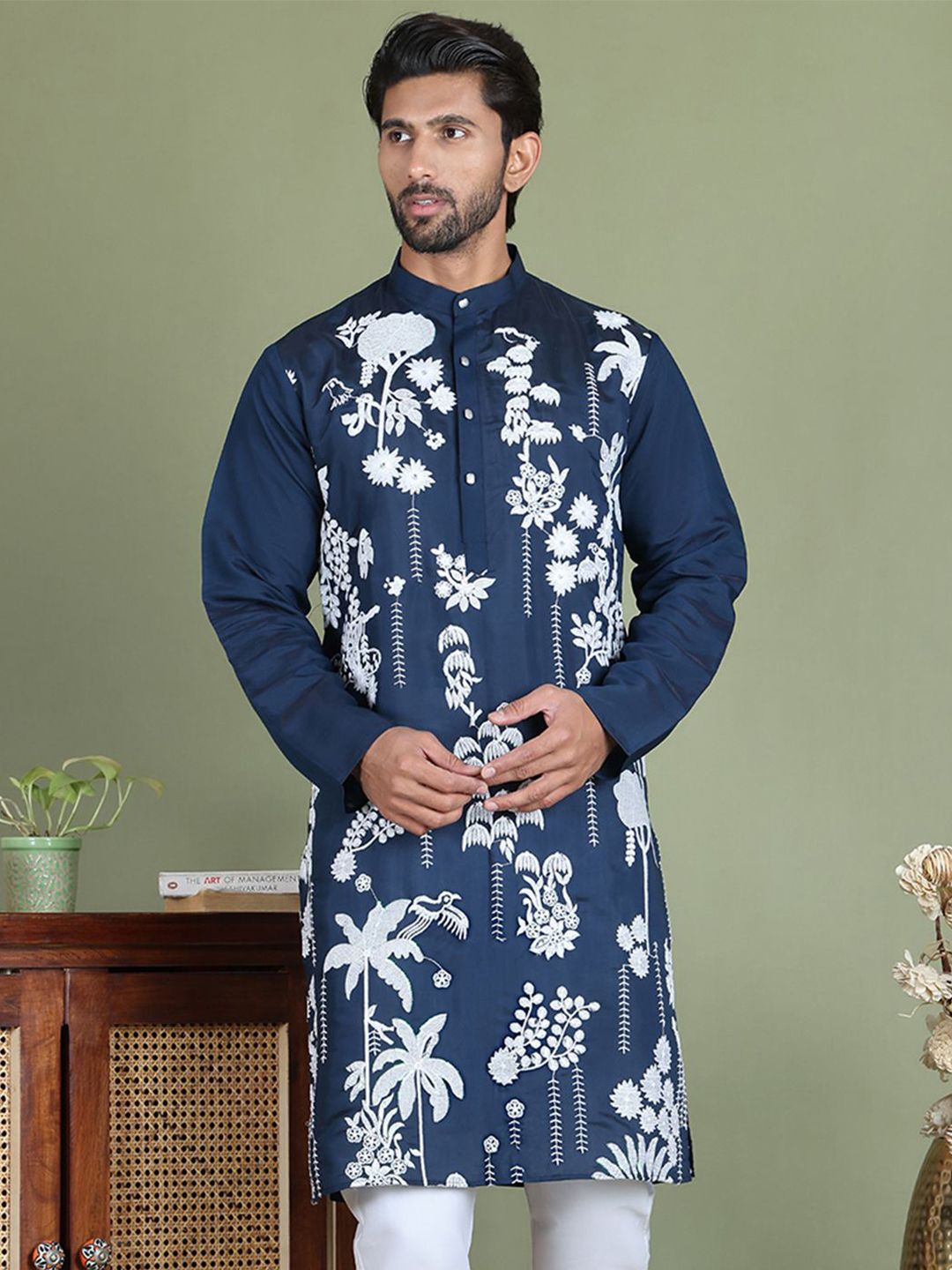 Jompers Floral Embroidered Chikankari Band Collar Straight Kurta-picture-38