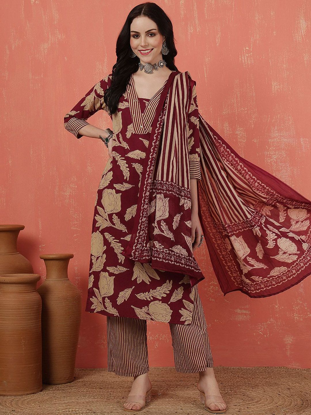 Anouk Women Floral Printed Regular Pure Cotton Kurta with Trousers & With Dupatta