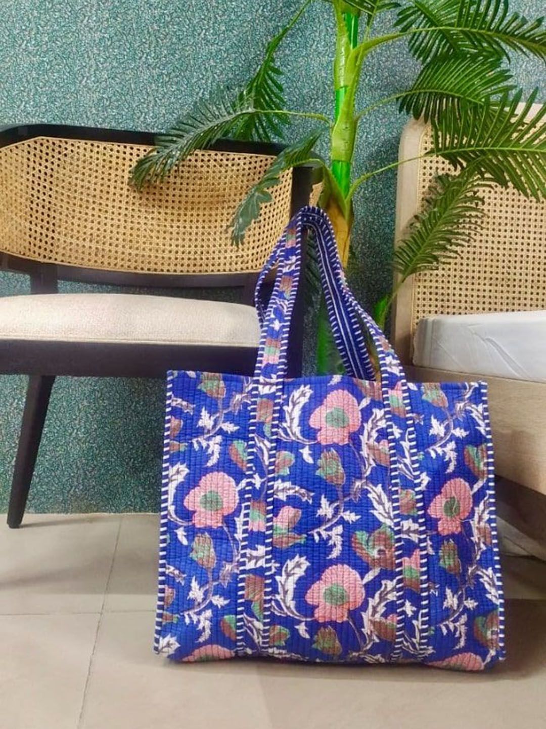 Gulaab Jaipur Floral Printed Cotton Quilted Structured Tote Bag-picture-16