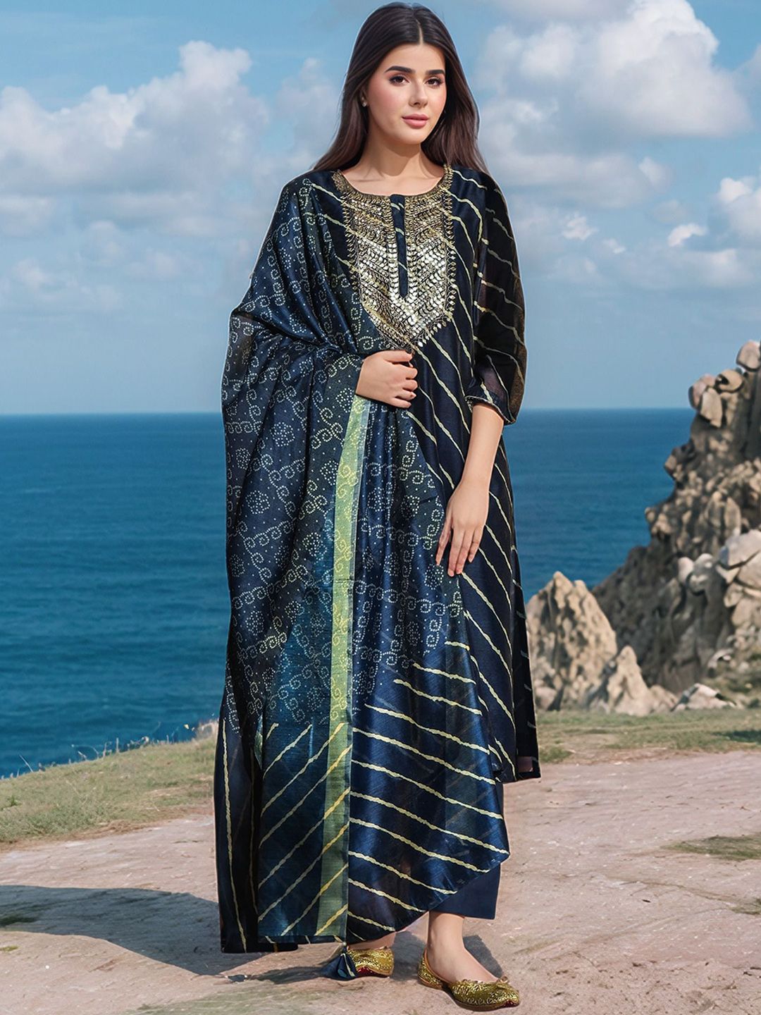 Aaghnya Women Striped Kurta with Trousers & Dupatta