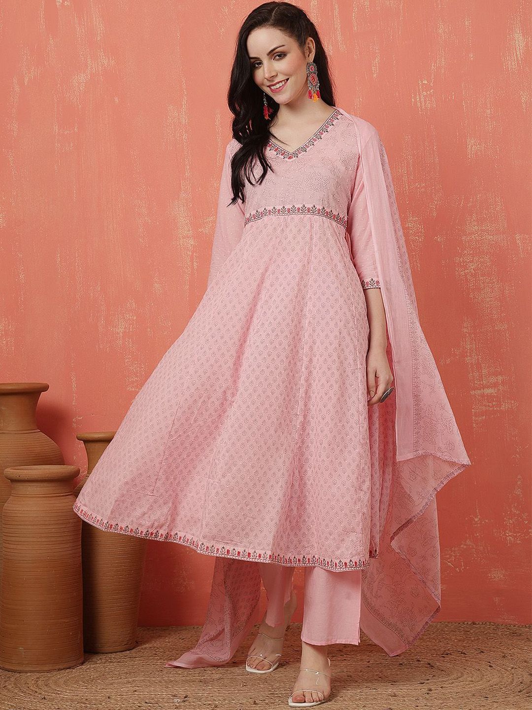 Anouk Women's PAnarkali Pure Cotton Embroidered Kurta Dupatta Set