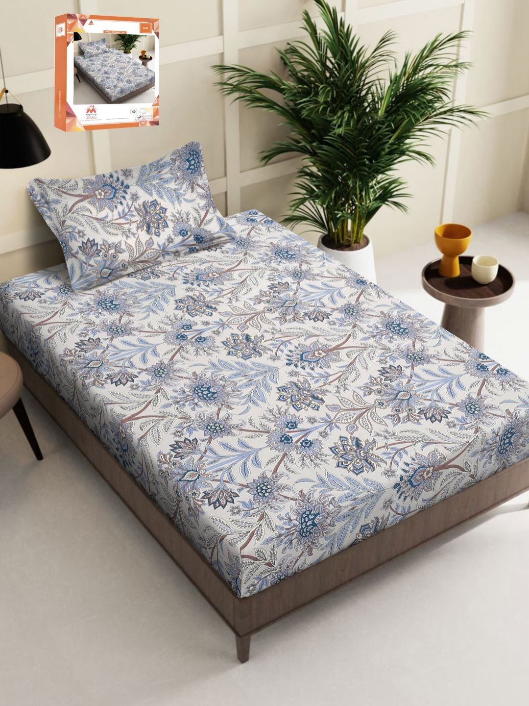Myntra Elegant Homes White & Blue Floral 300 TC Single Bedsheet Set-2.25m X 1.50m-picture-38