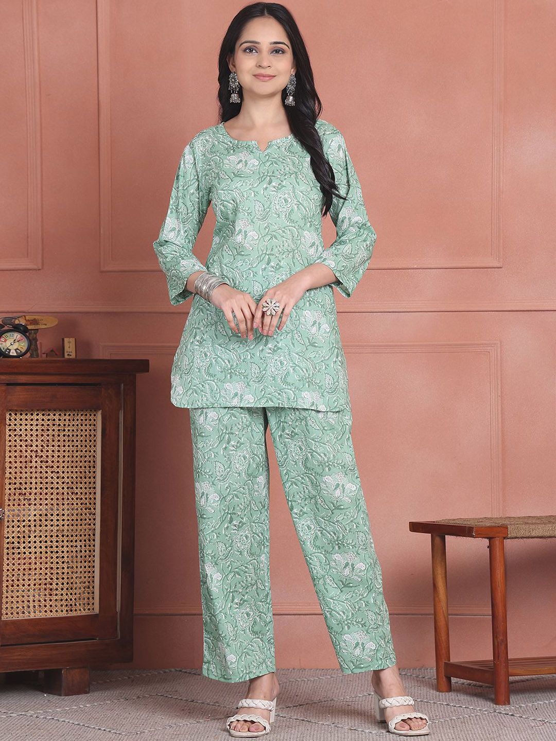 Aawari Printed Pure Cotton Round Neck Top With Trousers Co-Ords Set-picture-19
