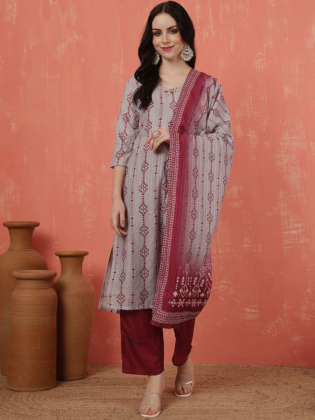 Anouk Geometric Printed Thread Work Straight Kurta With Trousers And Dupatta