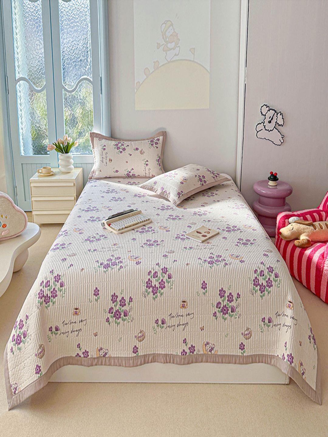 JC HOME White & Purple Floral Printed 162 TC Double Queen Bed Cover With Pillow Covers-image-33
