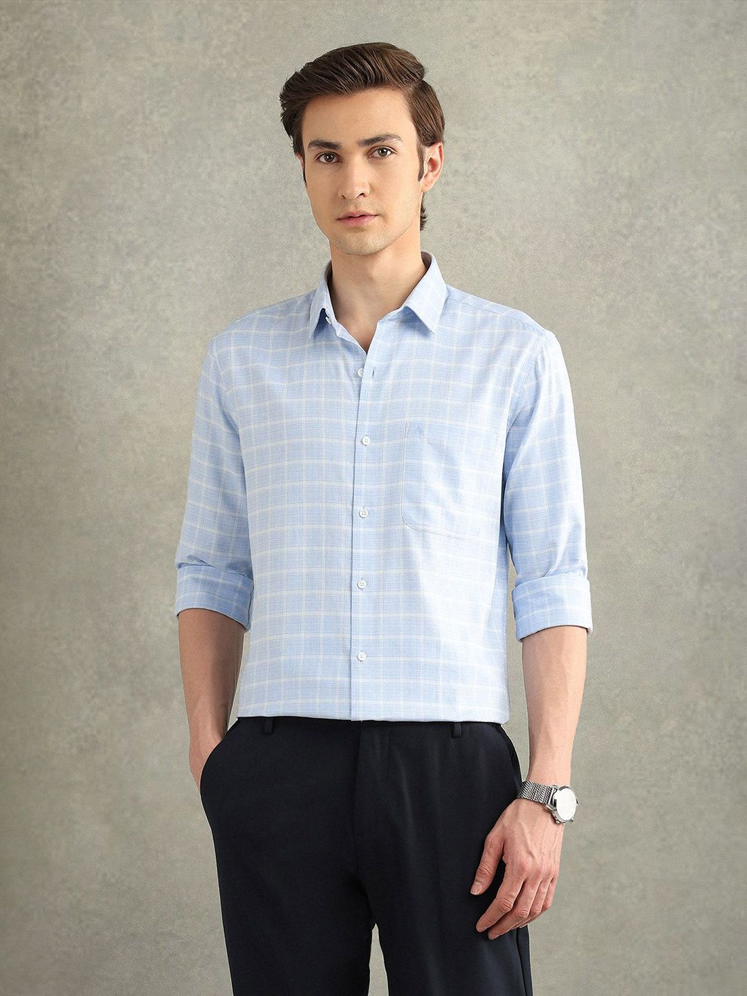 Arrow Men Checked Spread Collar Cotton Formal Shirt-picture-39