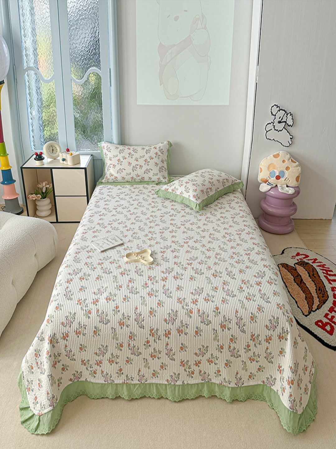 JC HOME Beige & Green Floral Printed 162 TC Double Queen Bed Cover & 2 Pillow Covers-picture-15