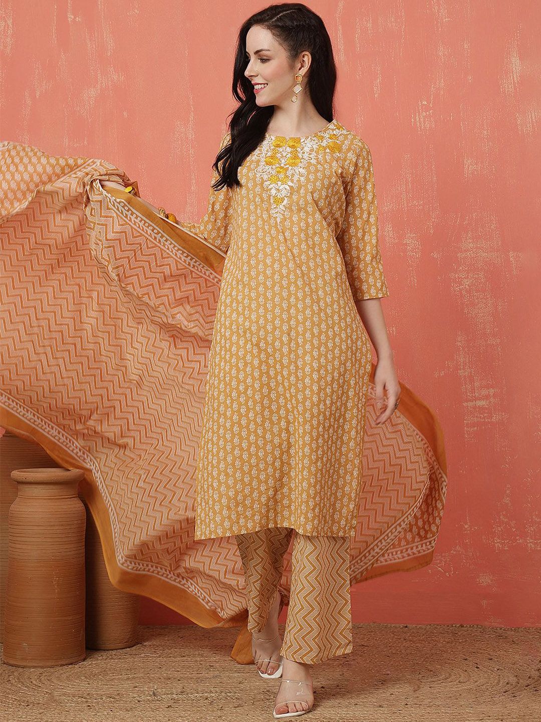 Anouk Women Floral Embroidered Cotton Kurta with Trousers & Dupatta