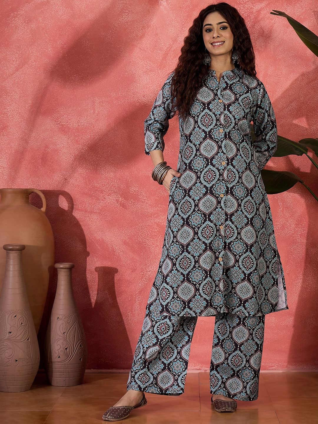 Sangria Ethnic Motifs Printed A-Line Kurta & Palazzo