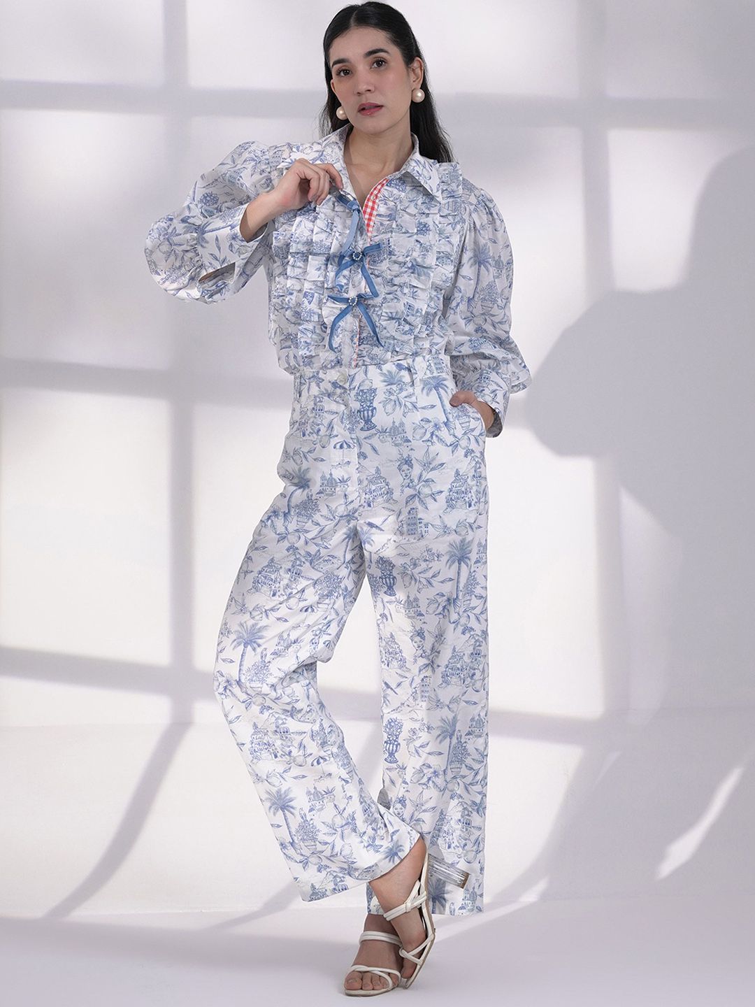 iki chic Women Printed Shirt Collar Pure Cotton Shirt With Trousers Co-Ords-picture-21