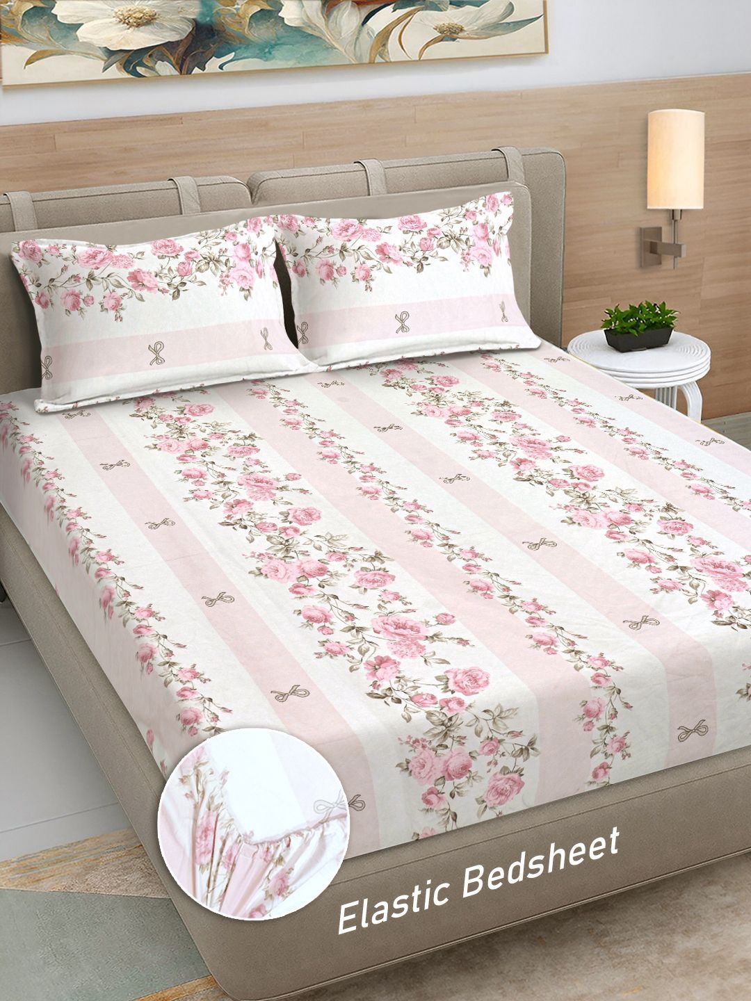 Myntra Elegant Homes Pink & White Floral 300 TC King Bedsheet with 2 Pillow Covers-picture-53