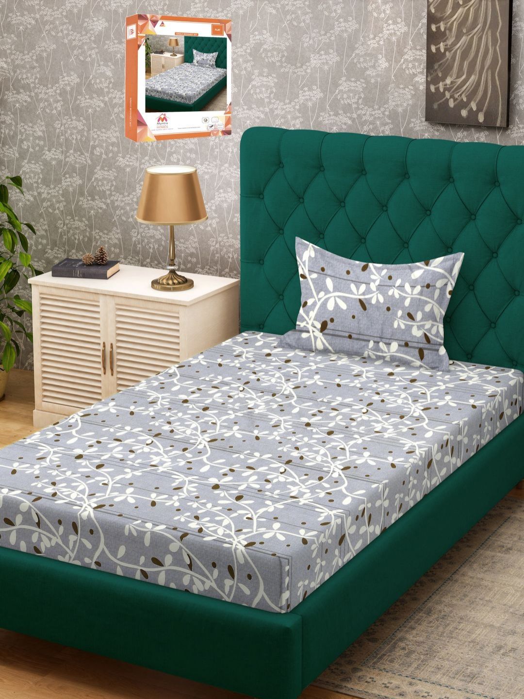 Myntra Elegant Homes Grey & White Floral Printed 300 TC Single Bedsheet & 1 Pillow Cover-picture-35