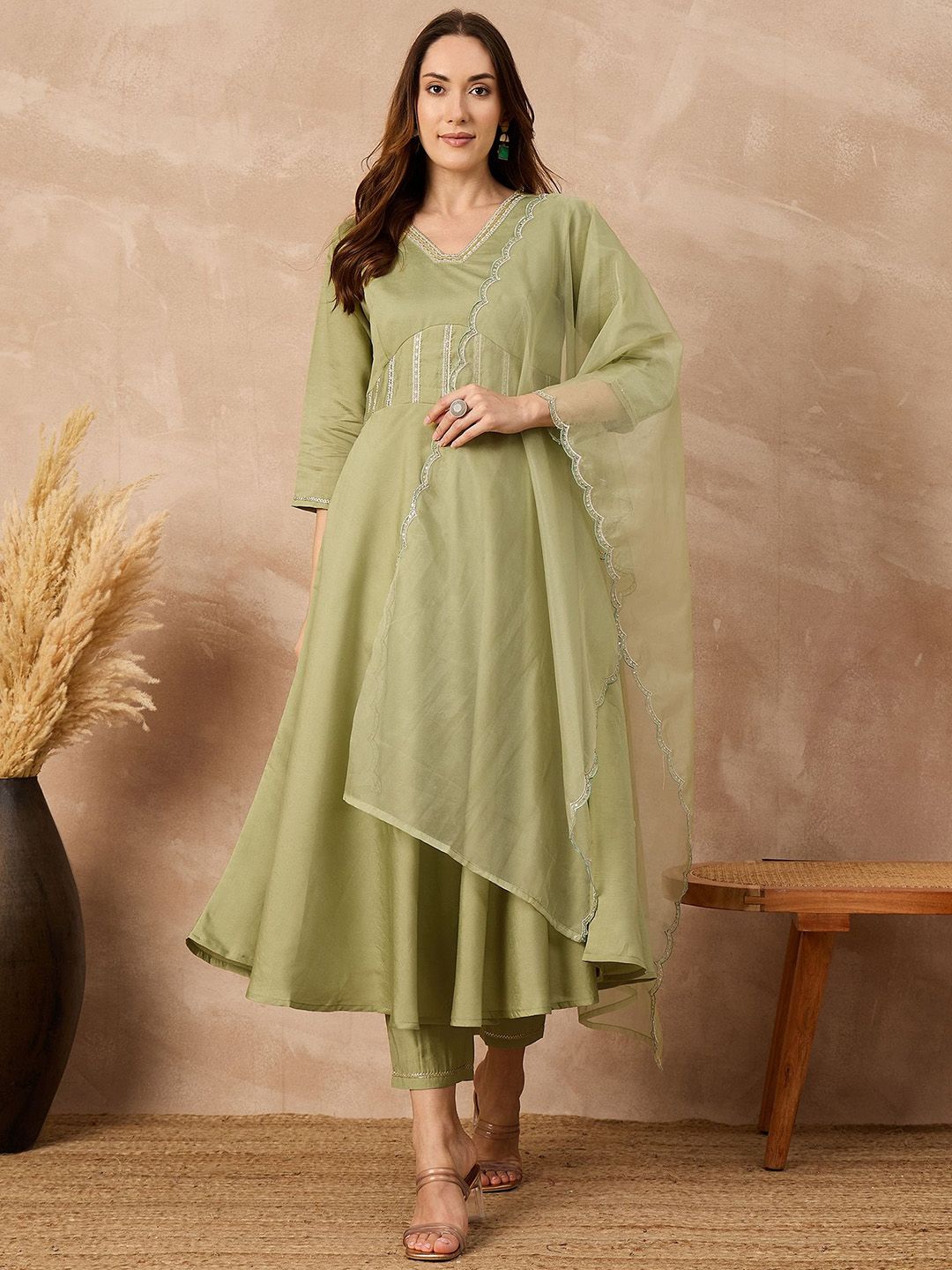 all about you V-Neck Sequinned A-Line Kurta With Trousers & Dupatta