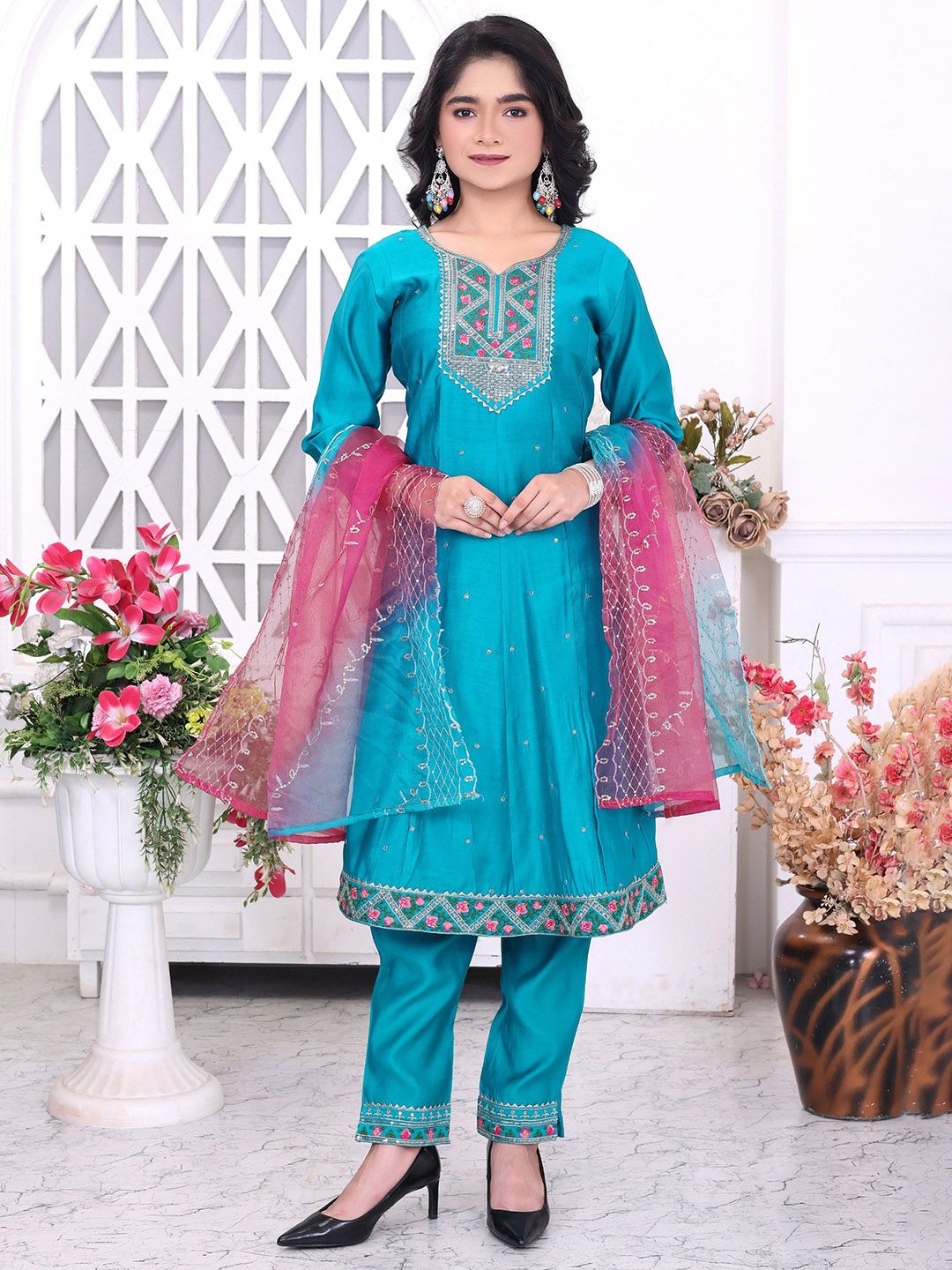 7Tiara Girls Embroidered Empire Sequinned Kurti with Pyjamas & With Dupatta-picture-19