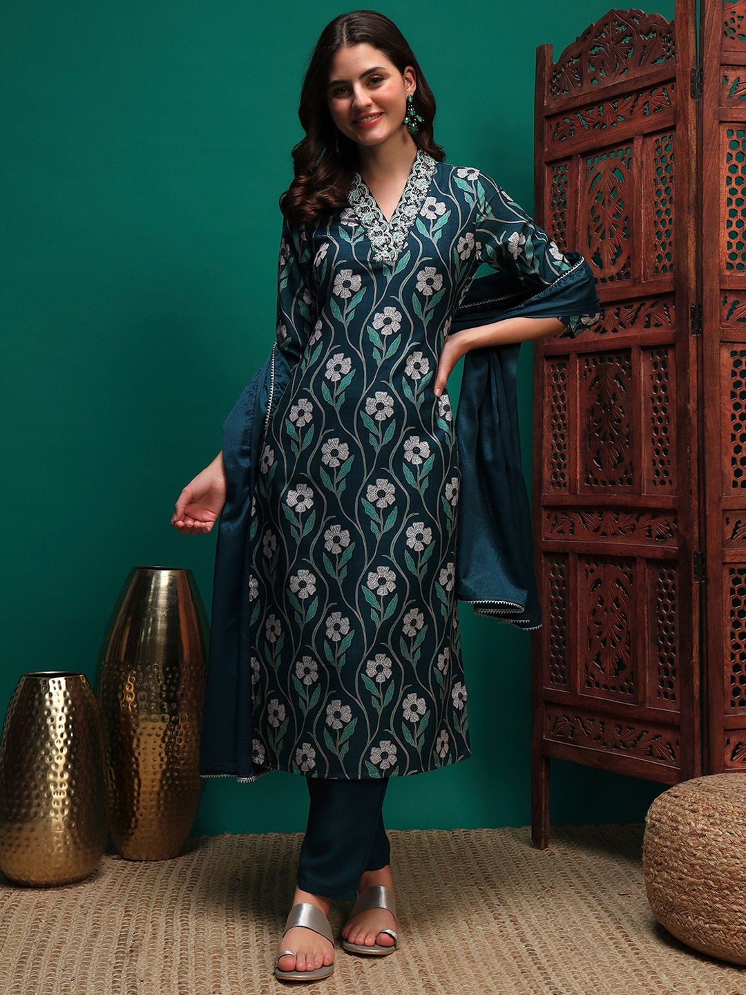 Sangria Floral Printed Straight Kurta With Trouser & Dupatta