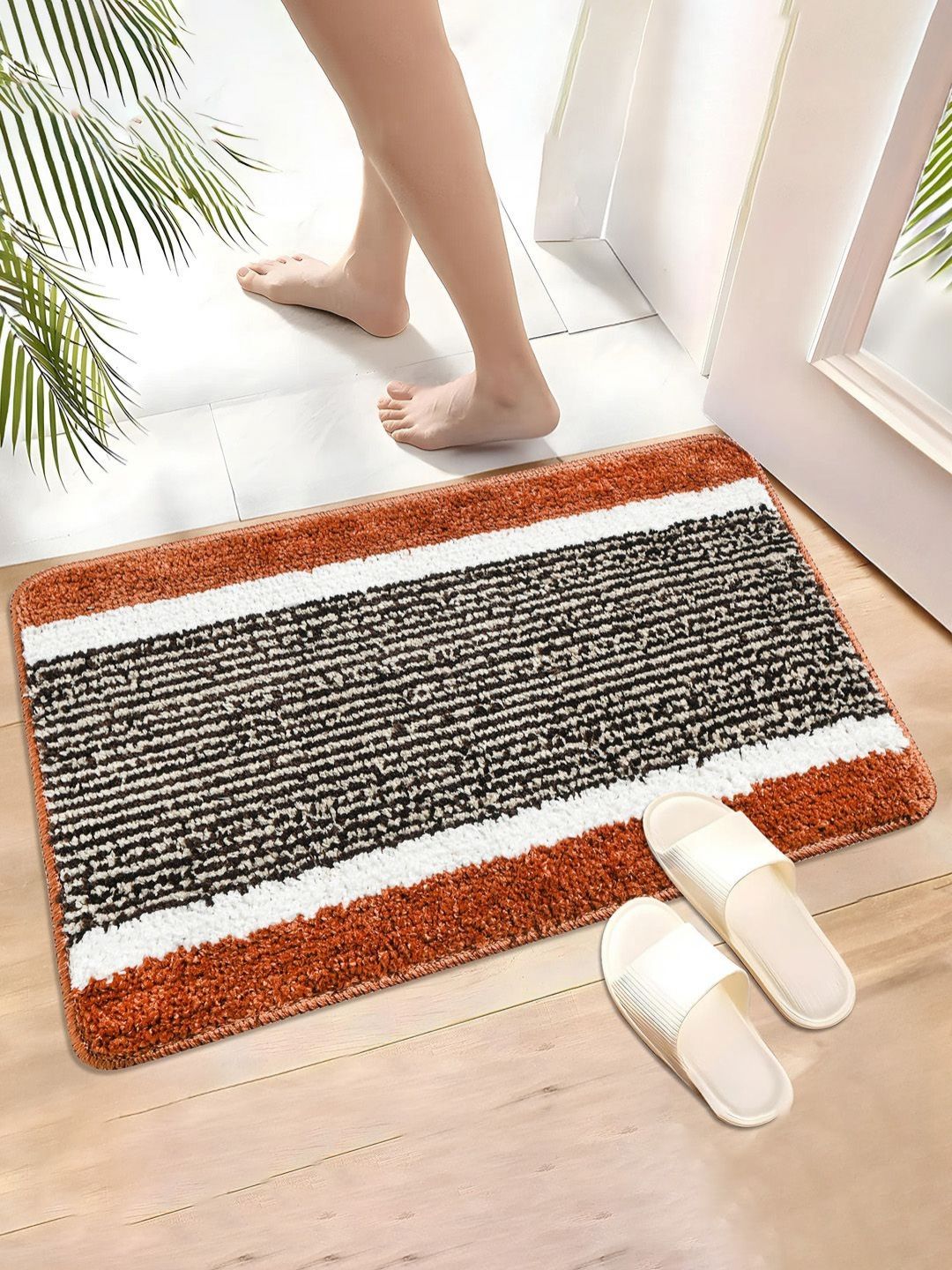 Aura Brown & White Self-Design Anti-Skid Microfiber Doormats-picture-48