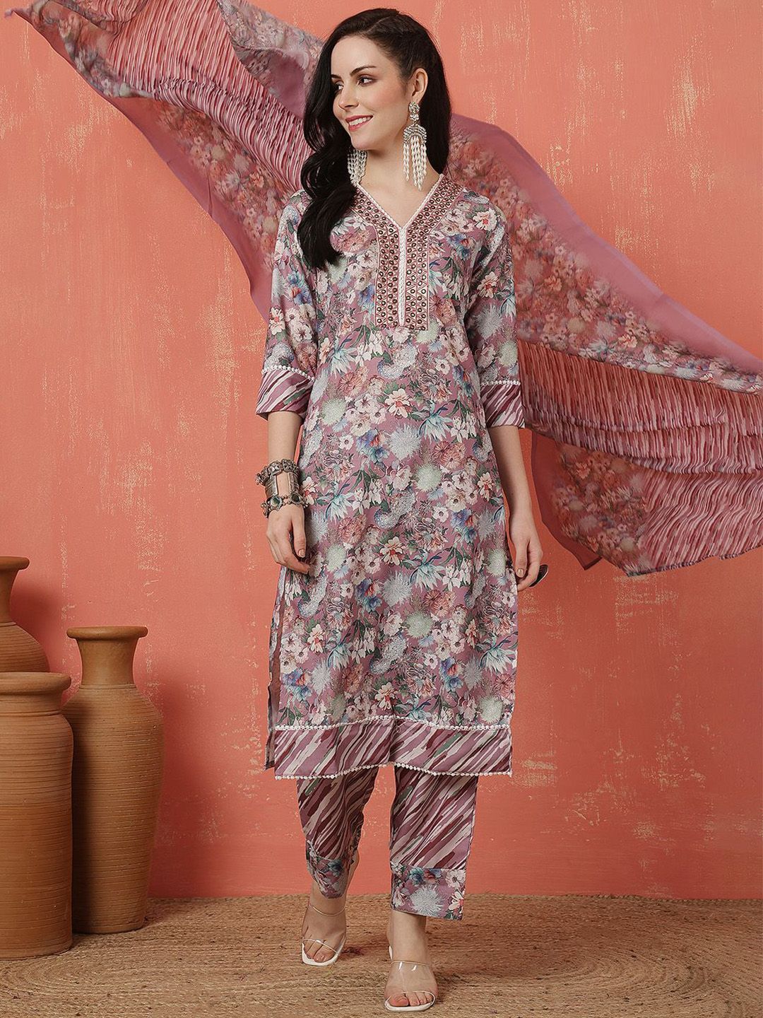 Anouk Women Floral Embroidered Regular Mirror Work Kurta & Trousers With Dupatta