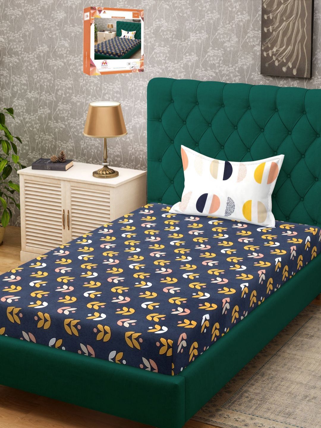 Myntra Elegant Homes Blue & Yellow Leaf Printed 300 TC Single Bedsheet with 1 Pillow Cover-picture-33
