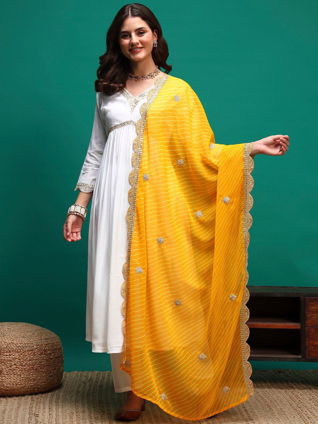 Sangria Floral Yoke Design Empire V-Neck Sequinned Anarkali Kurta With Trouser And Dupatta