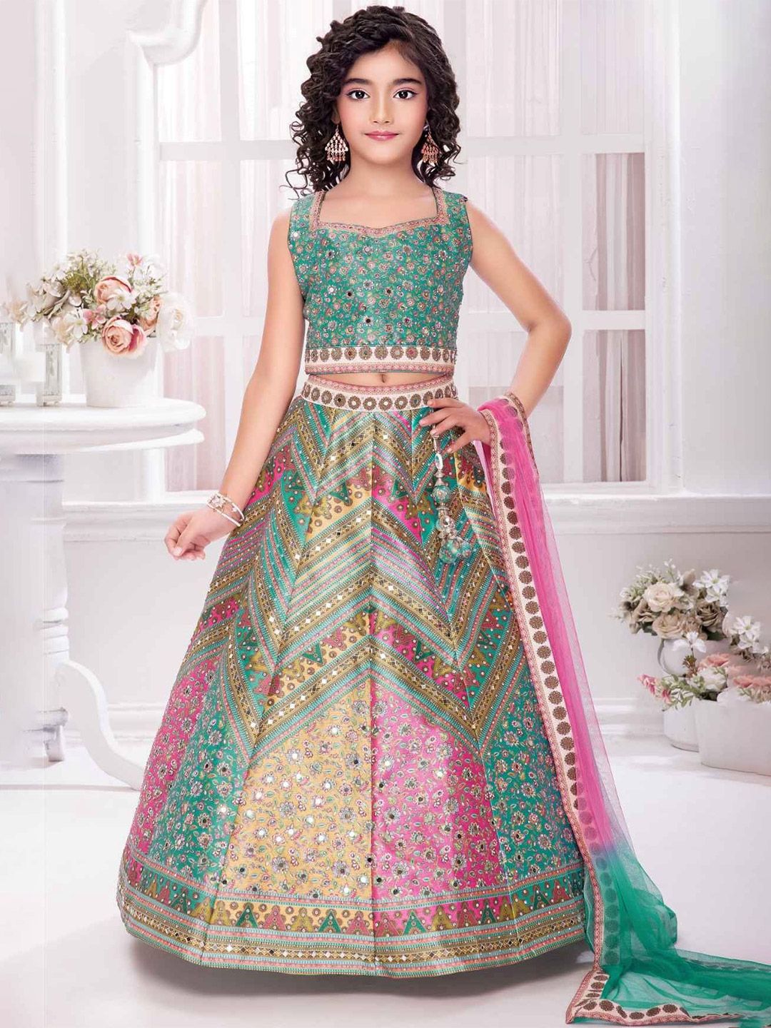BAESD Girls Printed Mirror Work Ready to Wear Lehenga & Blouse With Dupatta-picture-52