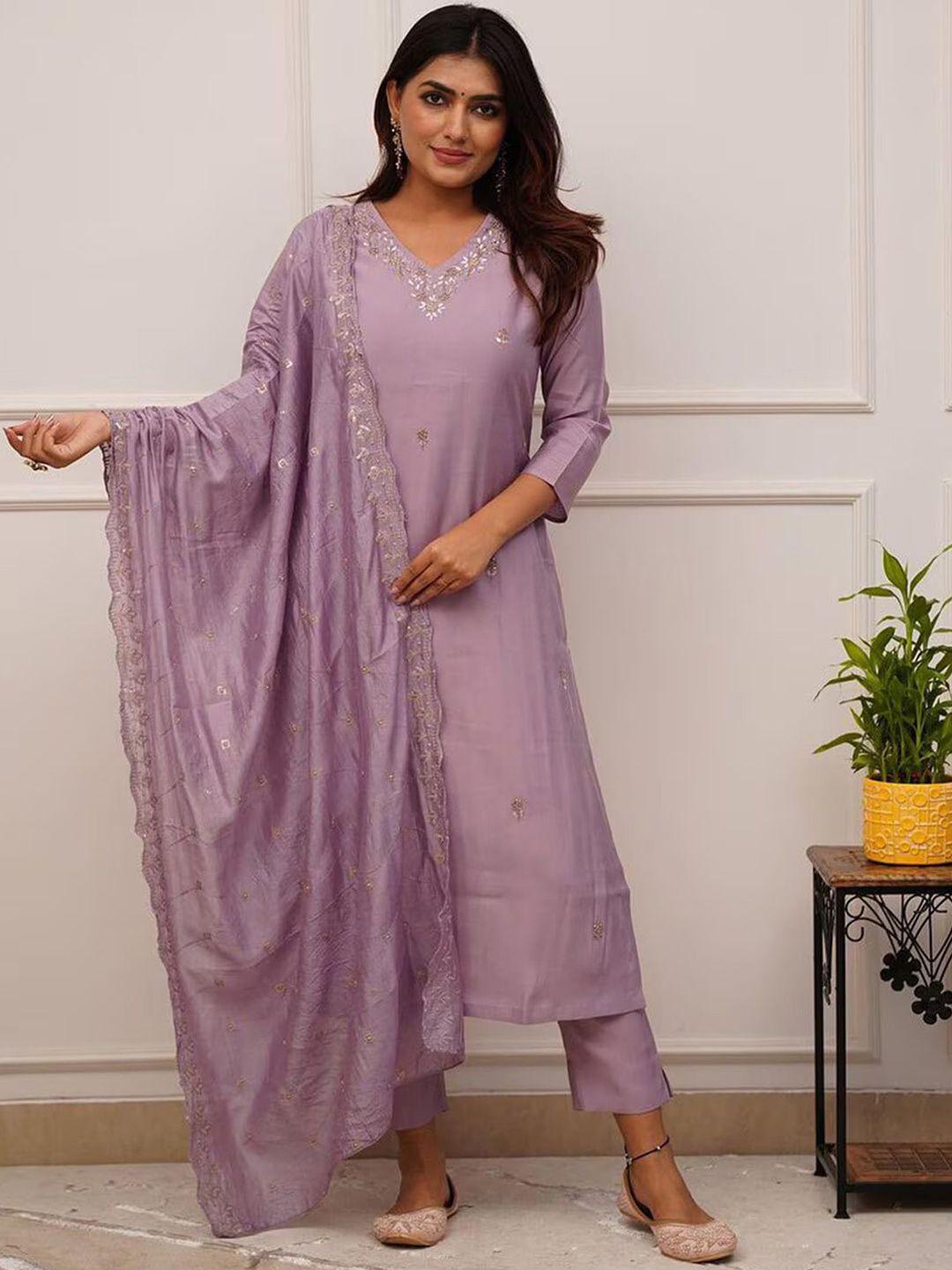 FoxDX Women Solid Silk Kurta with Trousers & Dupatta