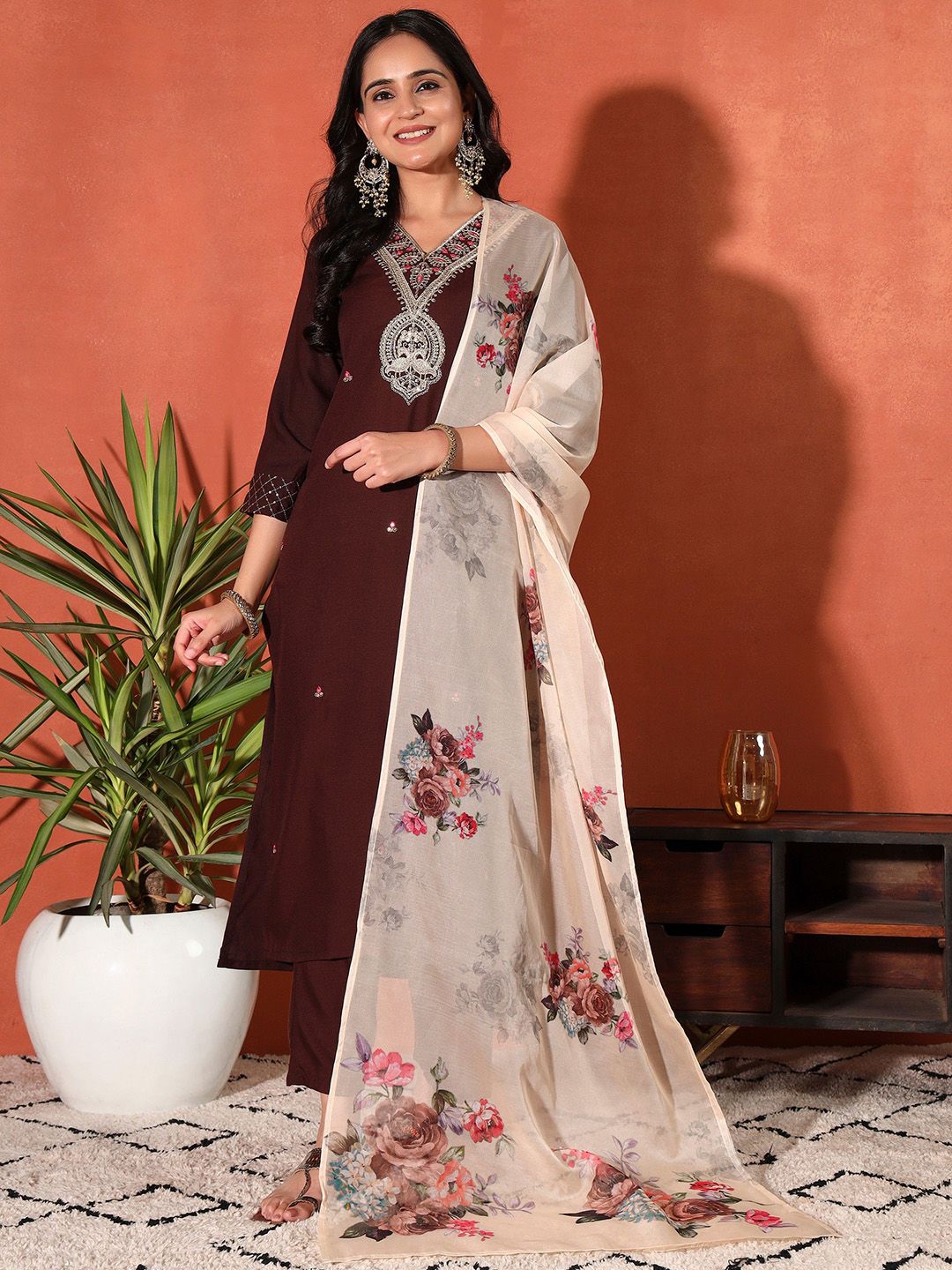Sangria Women Floral Regular Straight Kurta With Trouser & Dupatta