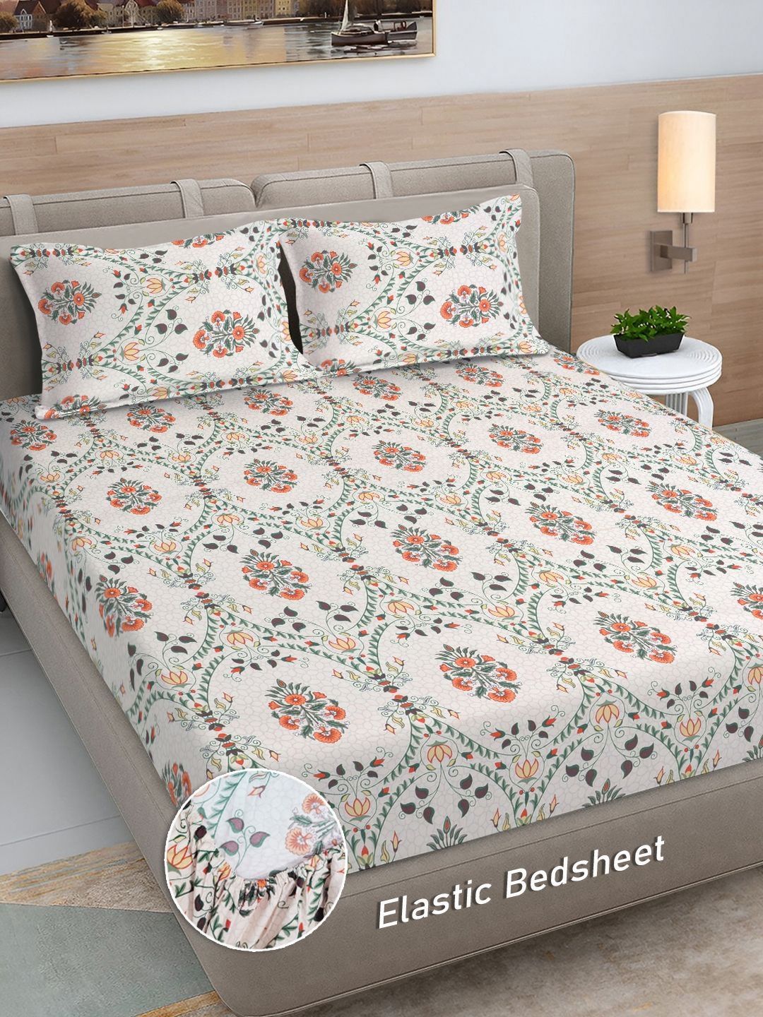 Myntra Elegant Homes White & Green Floral 300 TC Fitted Super King Bedsheet Set-2.7mX2.7m-picture-21