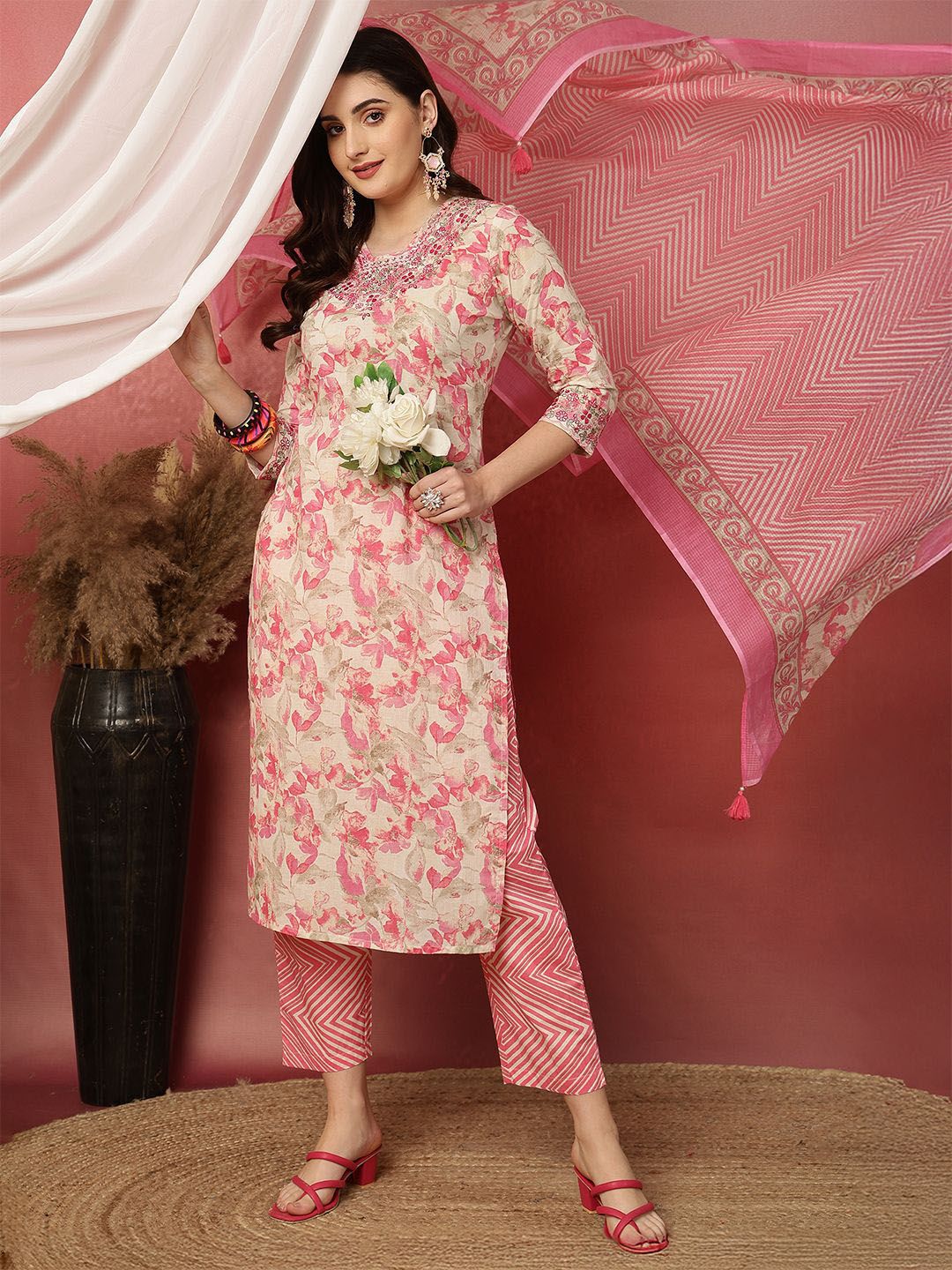 Anouk Women Ethnic Motifs Embroidered Sequinned Pure Cotton Kurta with Trousers & Dupatta