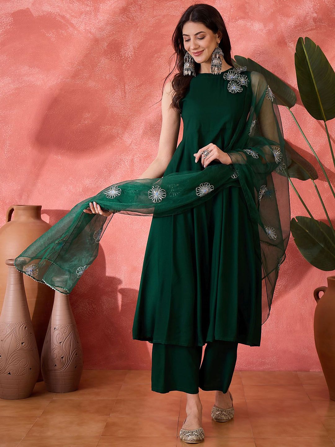 Sangria Sequinned A-Line Kurta & Palazzo With Dupatta