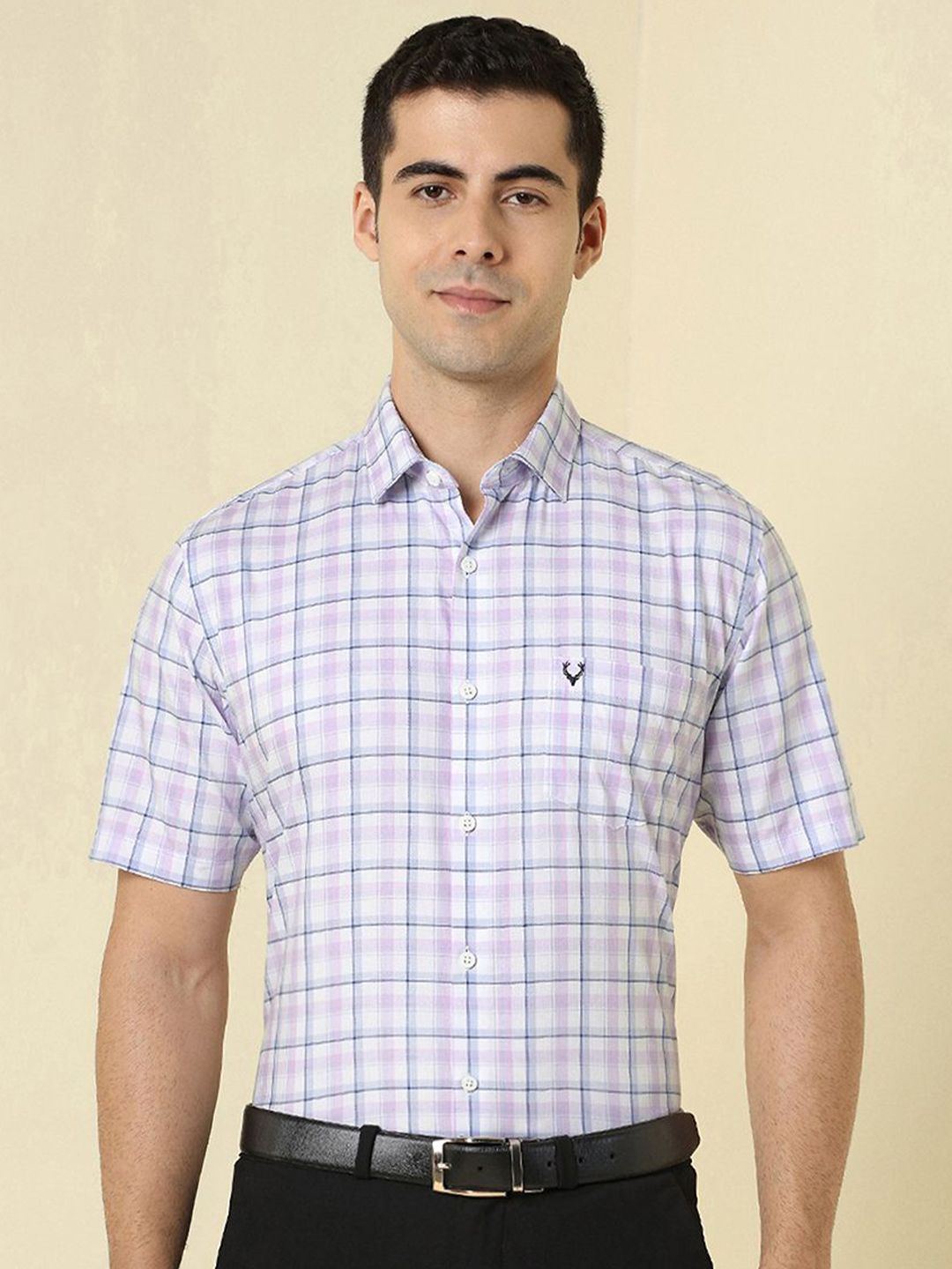 Allen Solly Checked Short Sleeves Spread Collar Cotton Opaque Slim Fit Formal Shirt-picture-28