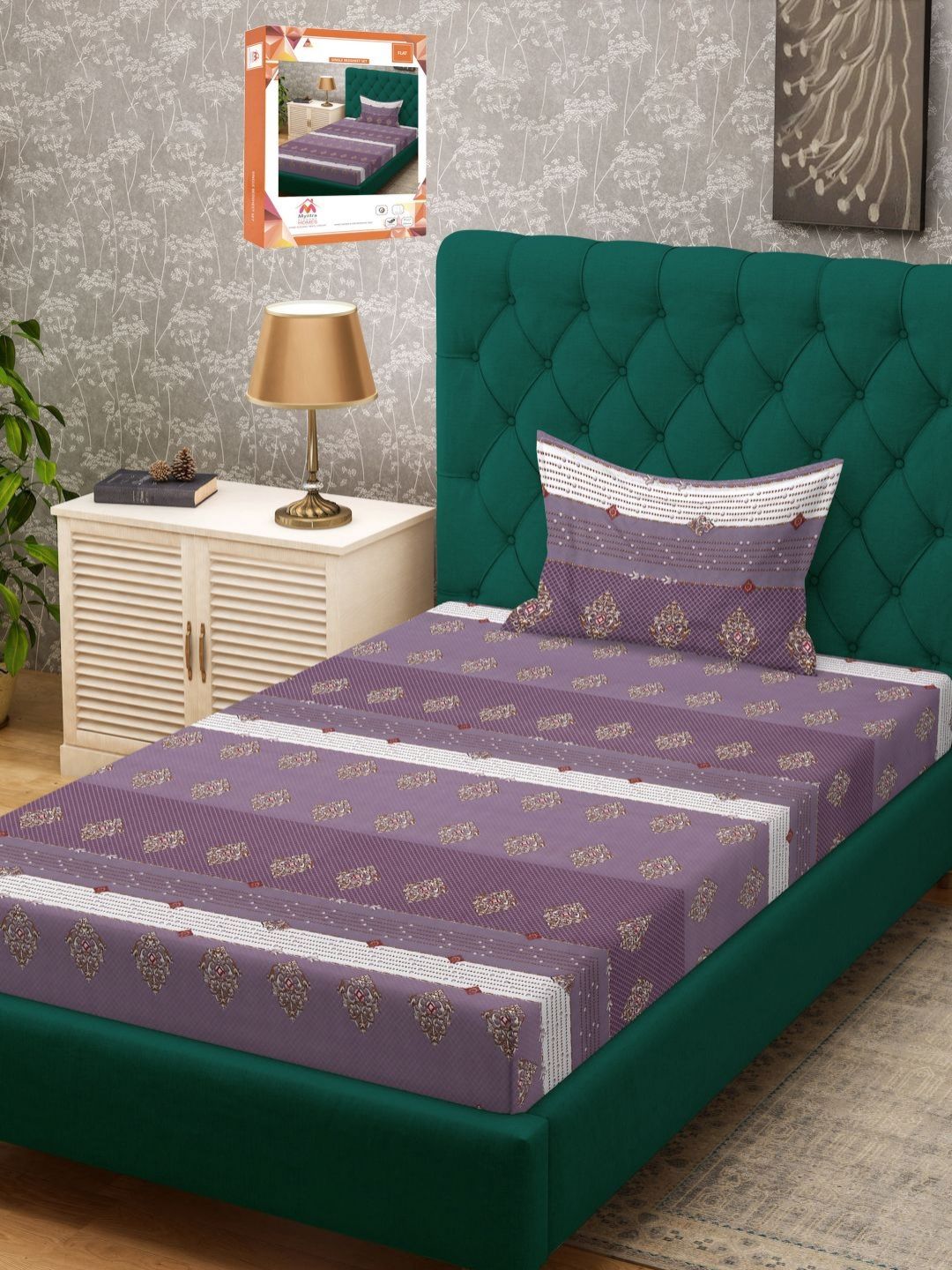Myntra Elegant Homes Purple & White Ethnic Motifs 300 TC Single Bedsheet Set-2.25m X 1.50m-picture-13