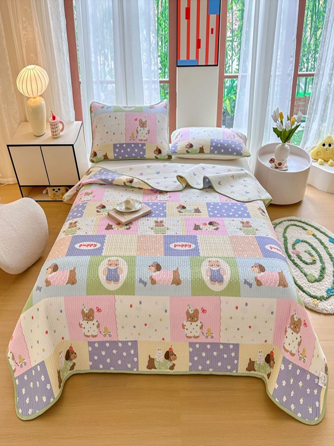 JC HOME Purple & Pink Printed Cotton Double Bed Queen Covers With Pillow Covers-picture-30