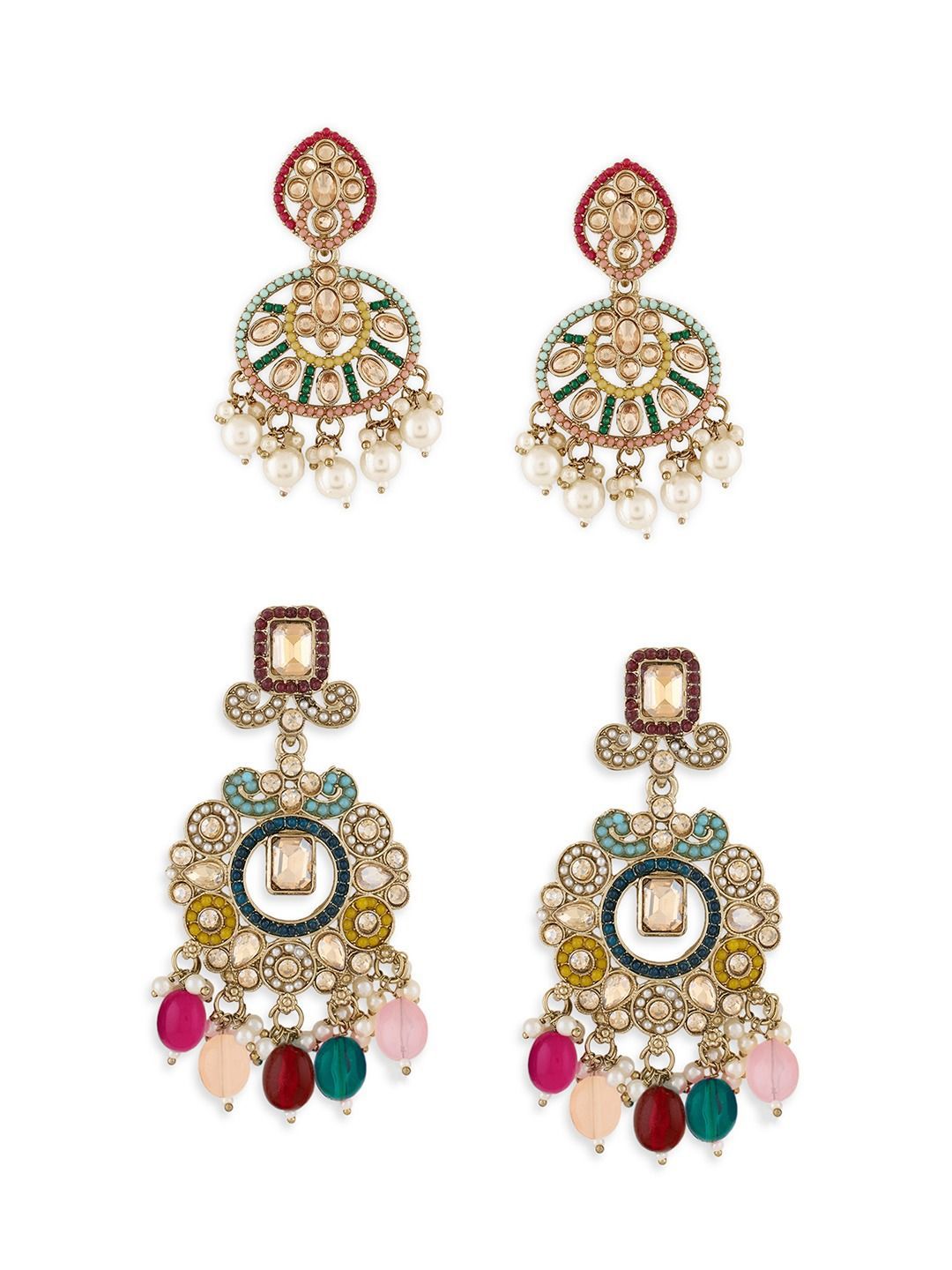 Zaveri Pearls Set Of 2 Gold-Plated Stones Studded & Beaded Floral Shaped Drop Earrings-picture-13