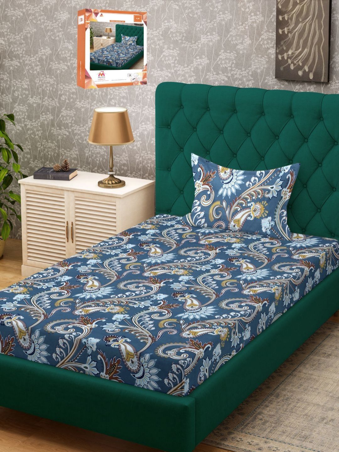 Myntra Elegant Homes Blue & Yellow Ethnic Motifs 300 TC Single Bedsheet with 1 Pillow Covers-picture-34