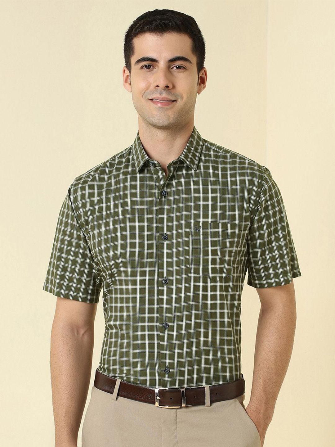 Allen Solly Checked Spread Collar Short Sleeves Slim Fit Formal Cotton Shirt-picture-20